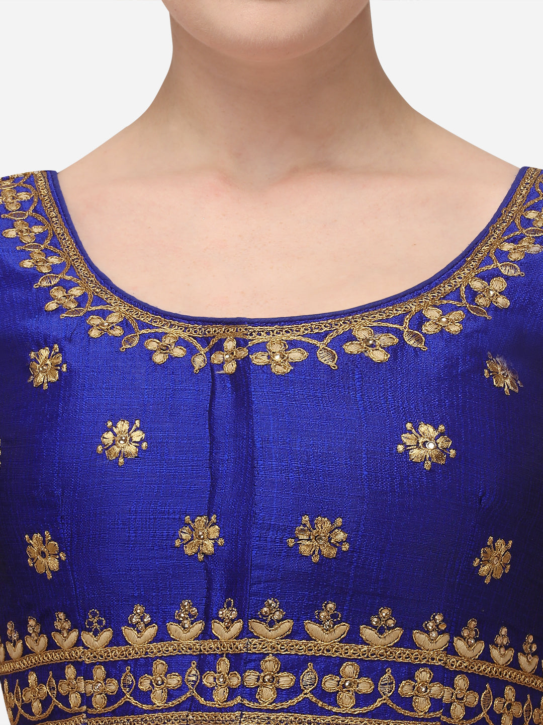 Blue Color Round Neck Embroidery Work Silk Blouse