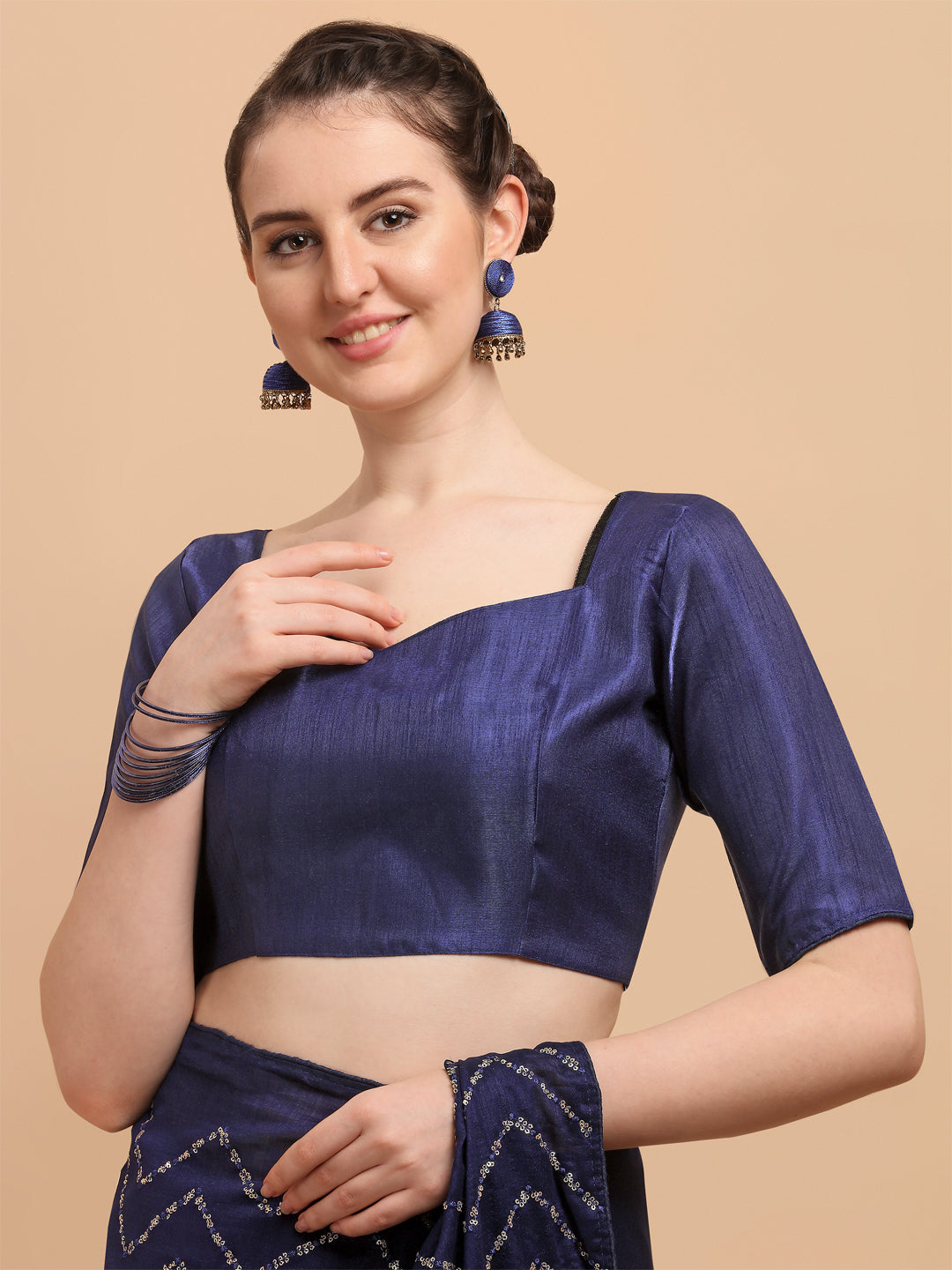 Gorgeous Navy Blue Sequence Vichitra Blooming Saree