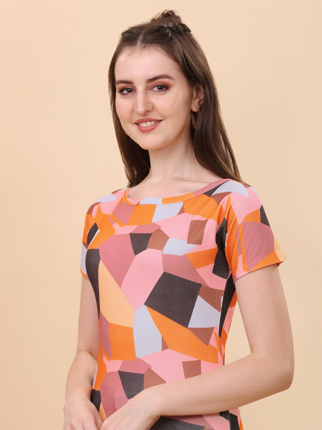 Half Sleeves Round Neck Multi Abstract Top
