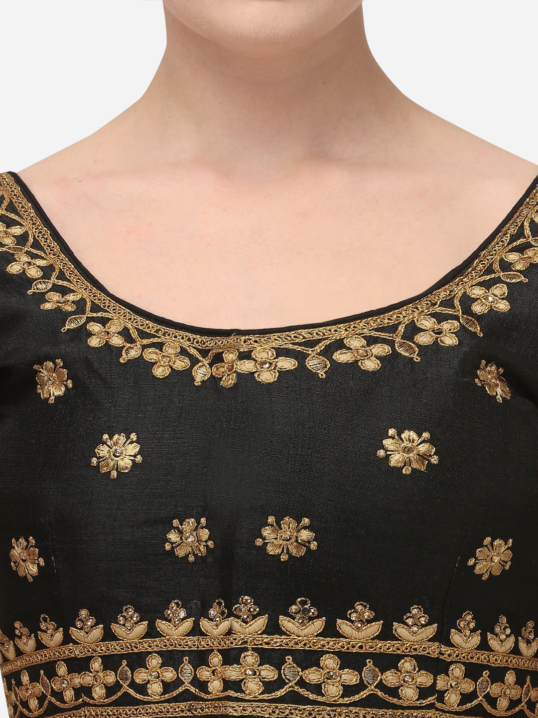Black Color Round Neck Embroidery Work Silk Blouse