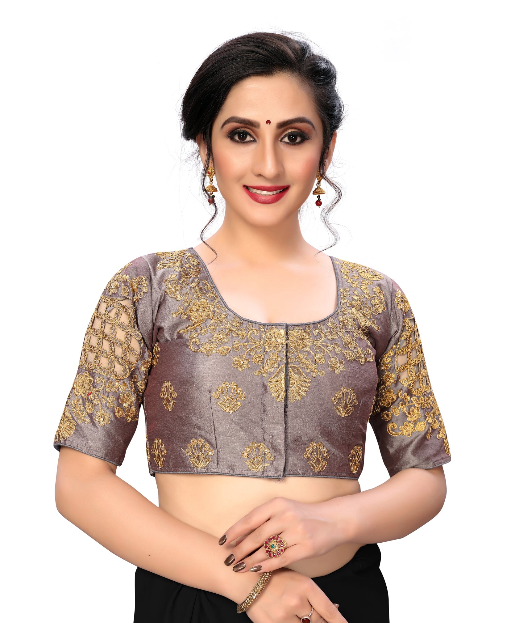 Grey & Gold Color Embroidered Raw Silk Blouse