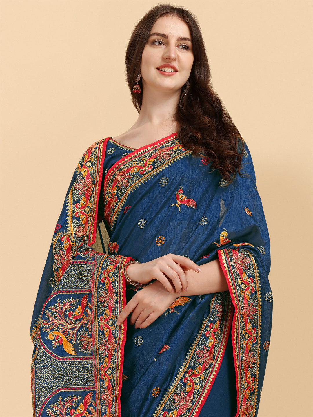 Beautiful Navy Blue Color Embroidered Work Saree