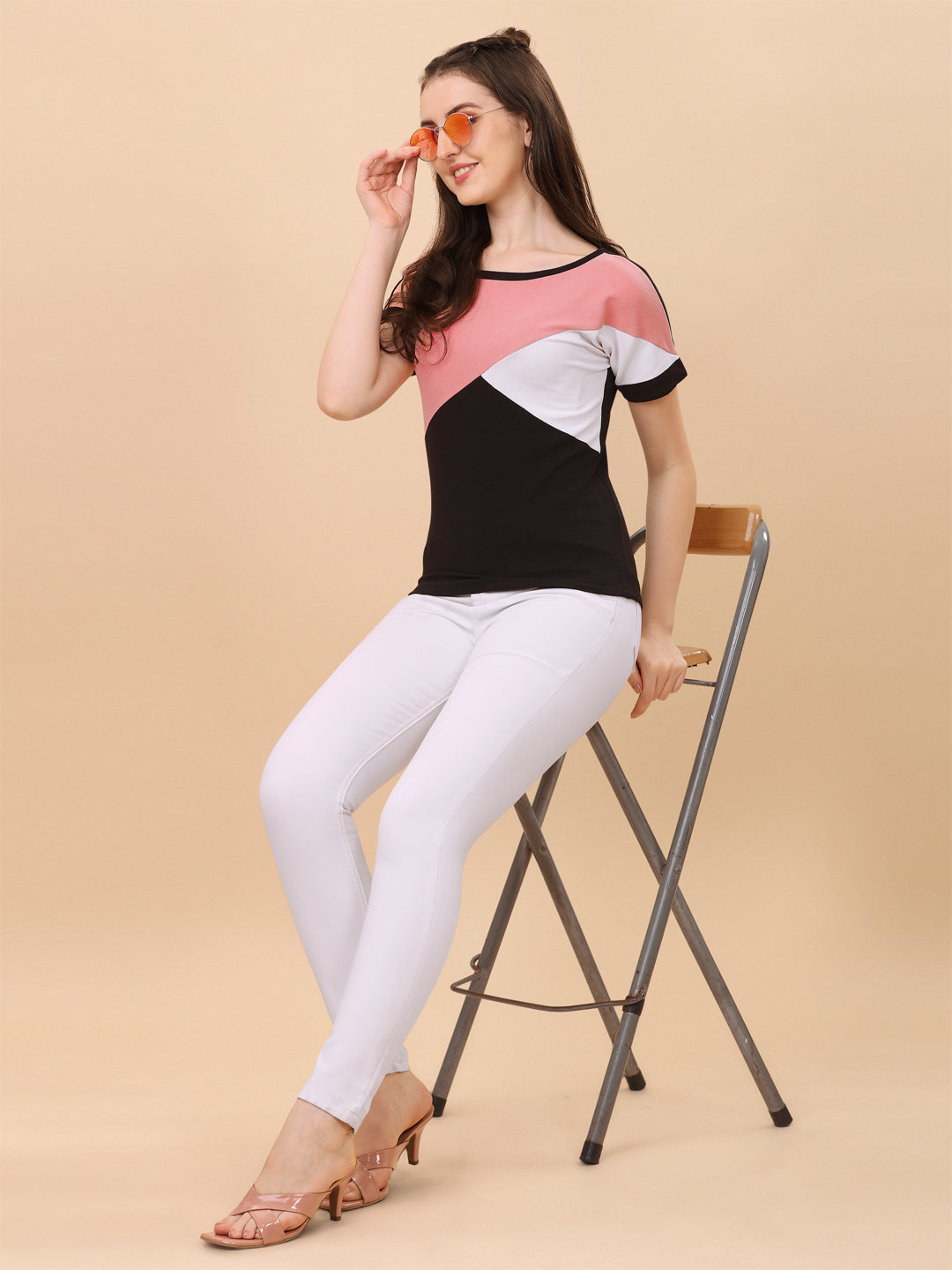 Round Neck Black And Peach Regular Fit Top