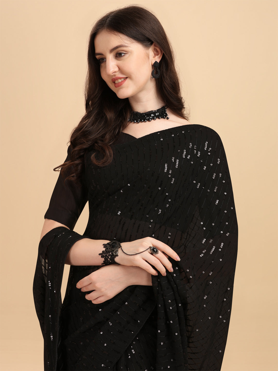 Fashionable Black Color Sequence Work Saree