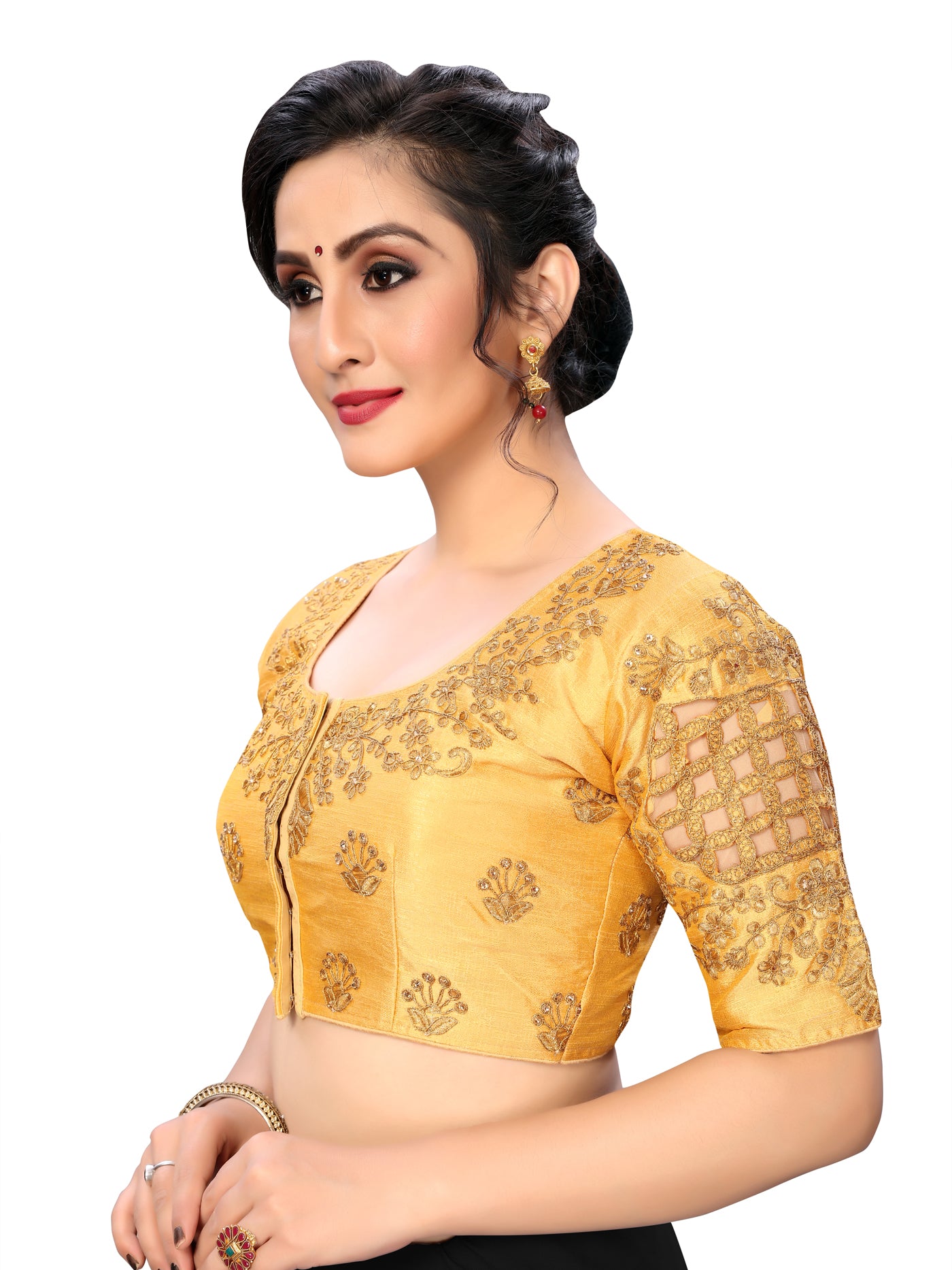 Beige & Gold Color Embroidered Raw Silk Blouse