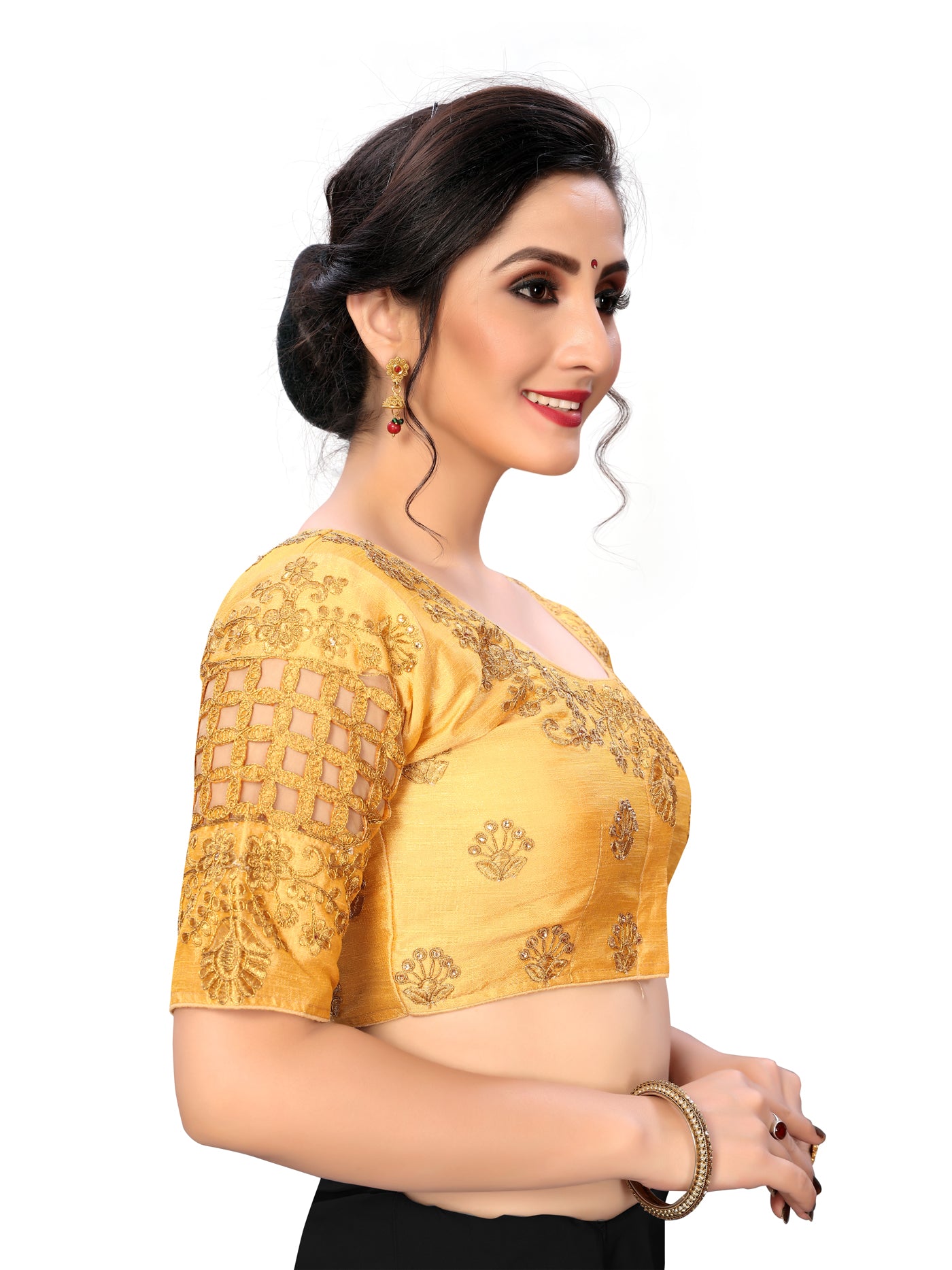 Beige & Gold Color Embroidered Raw Silk Blouse