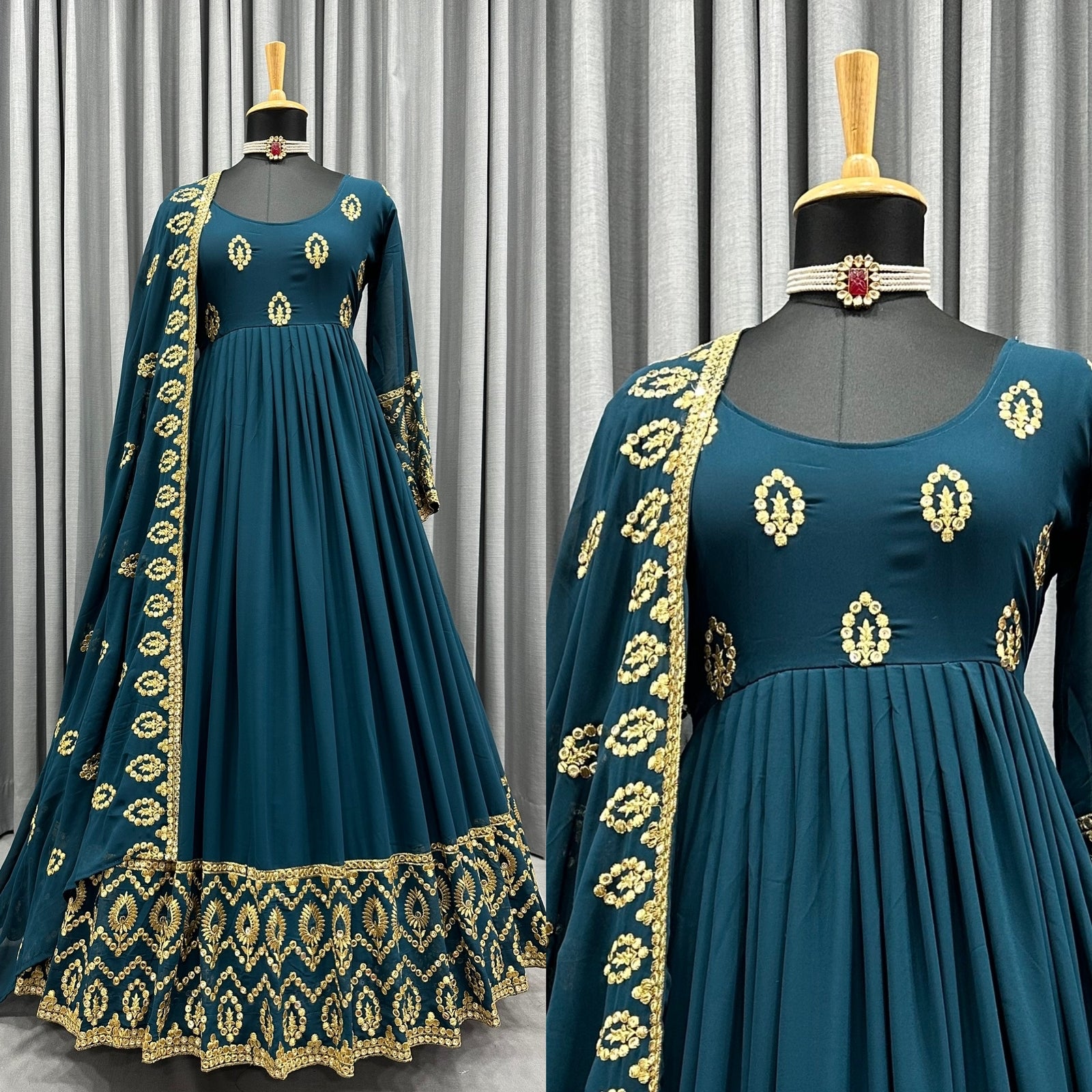 Fashionable Sequence Work Teal Blue Color Gown