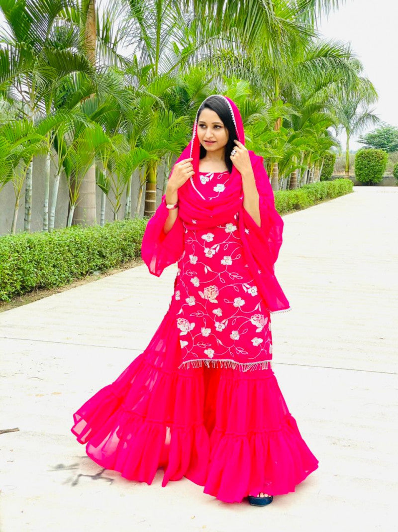 Classy Pink Color Embroidery Work Sharara Suit