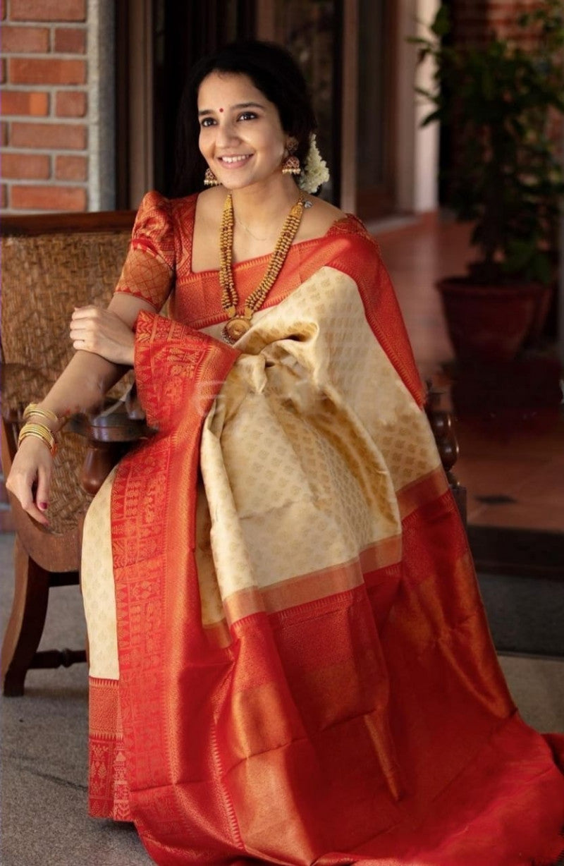 Stunning Off White With Red Color Saree