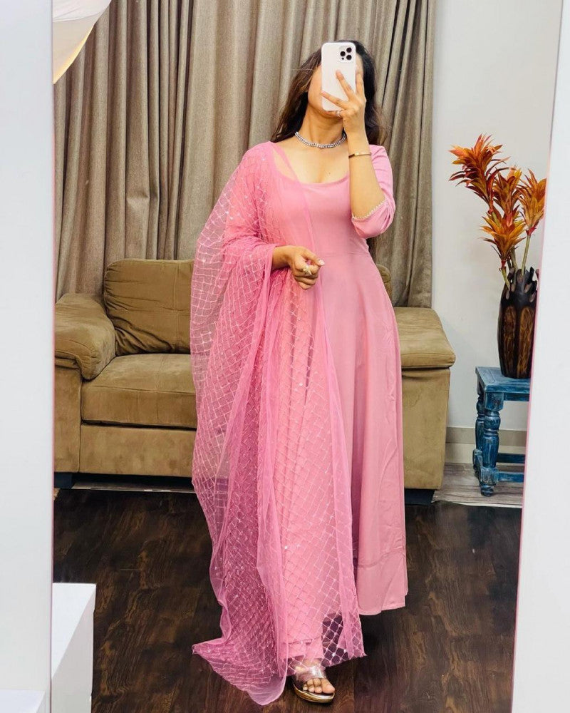 Designer Pink Color Silk Gown With Dupatta
