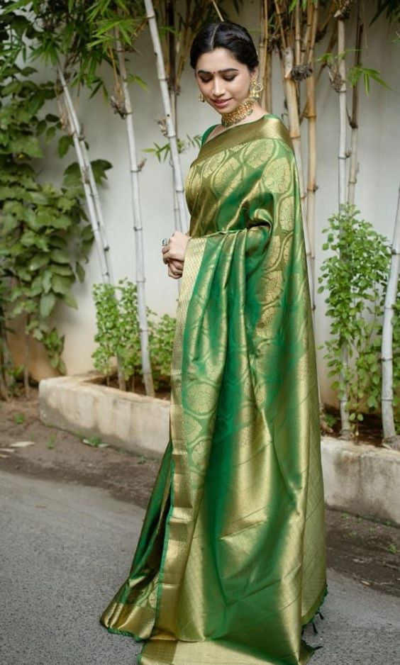 Opulent Green Color Pure Soft Lichi Silk Saree