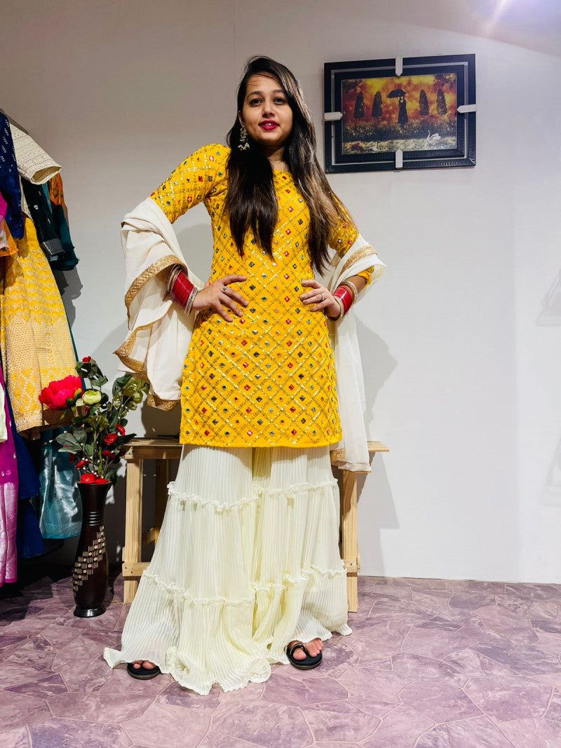 Yellow Color Embroidery Work Sharara Suit