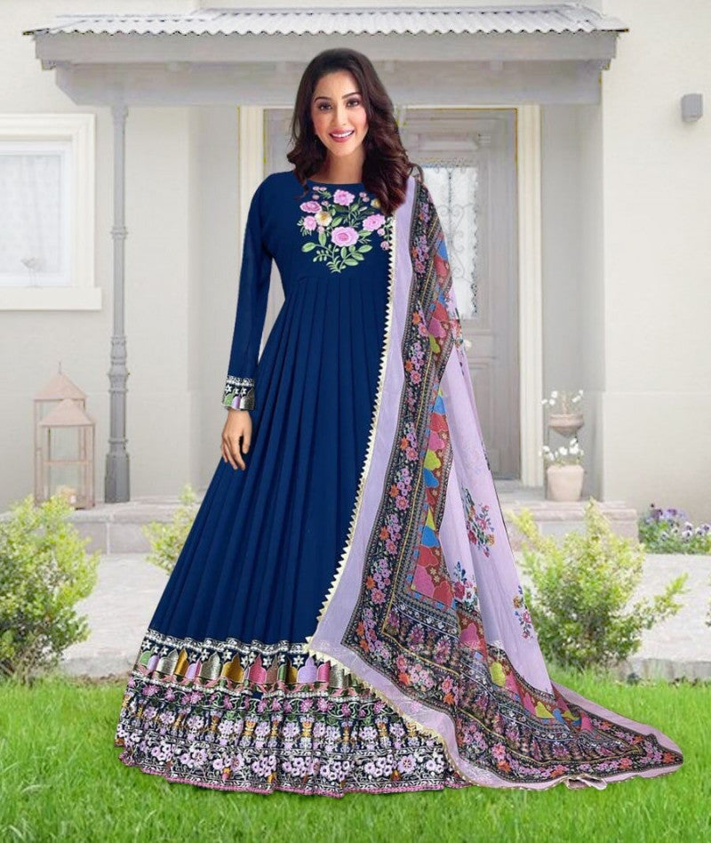 Designer Party Wear Navy Color Gown With Fancy Digital Printed Dupatta