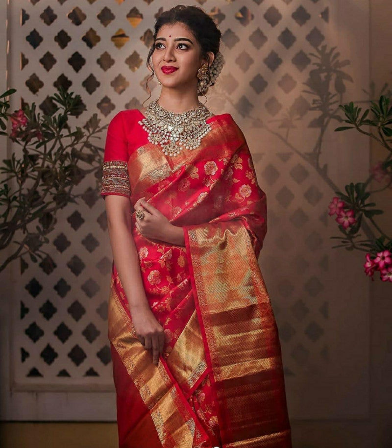 Eyes Catching Red Color Flower Design Saree