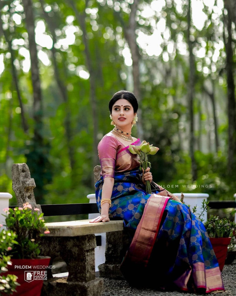 Blue & Pink Color Soft Banarasi Silk Saree