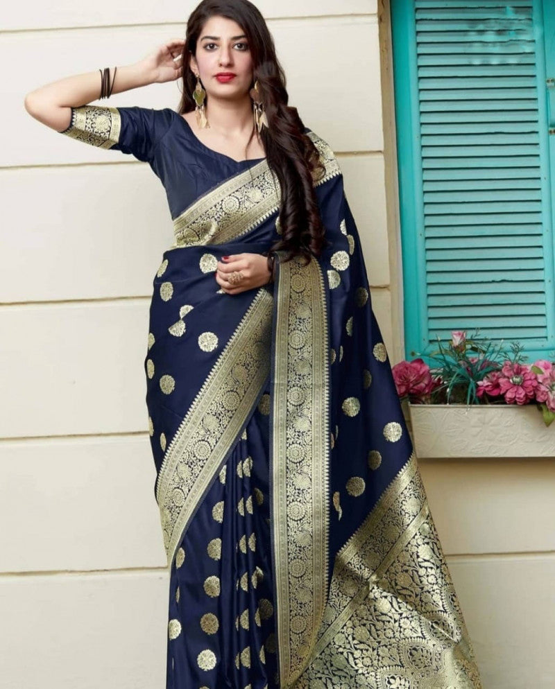 Navy Blue Color Banarasi Silk Jacquard Work Saree