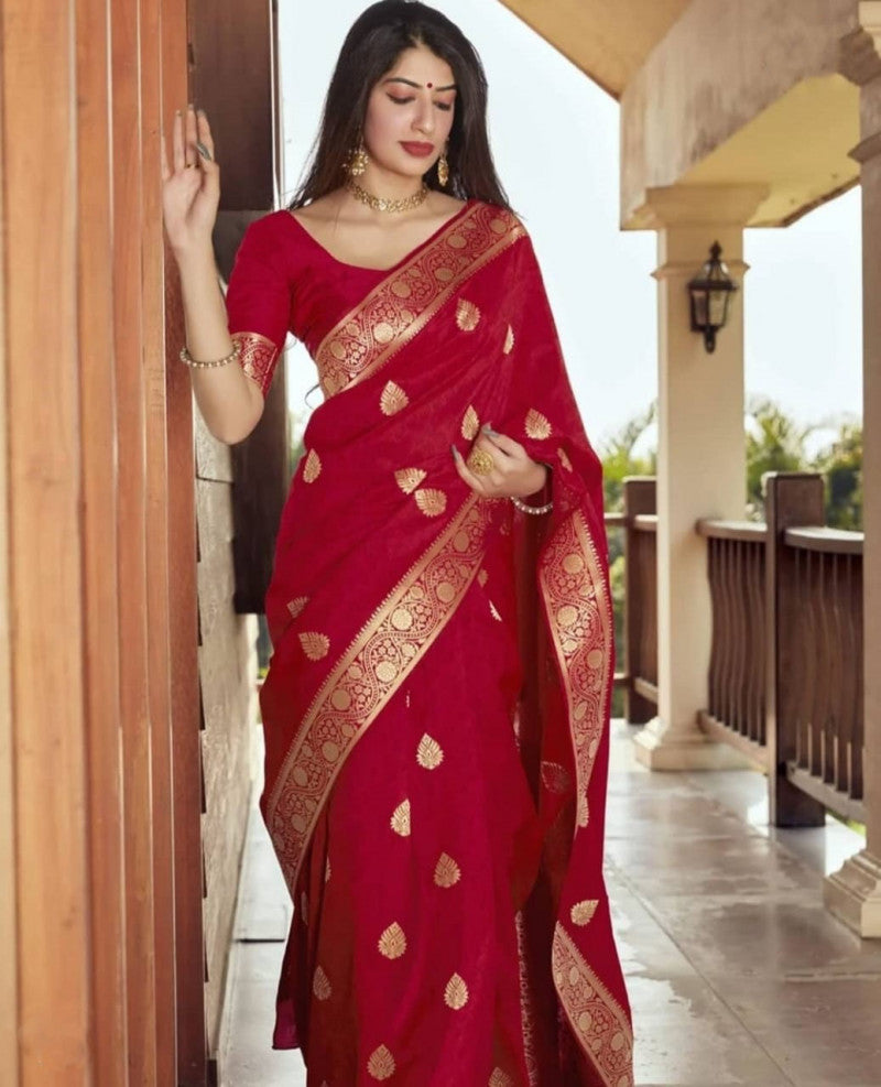 Red Color Banarasi Silk Jacquard Work Wedding Wear Saree