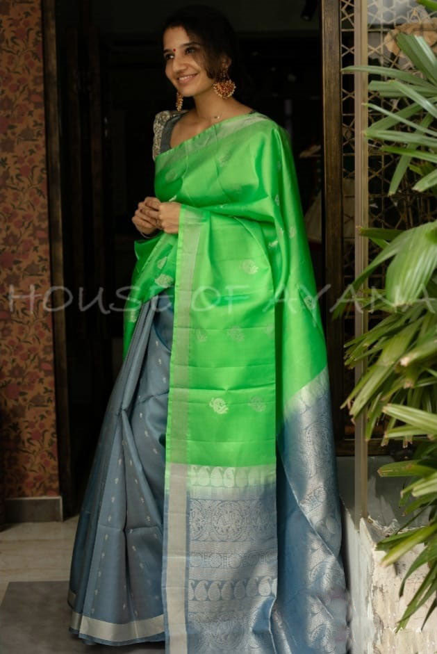 Attractive Parrot Green & Grey Color Banarasi Silk Saree