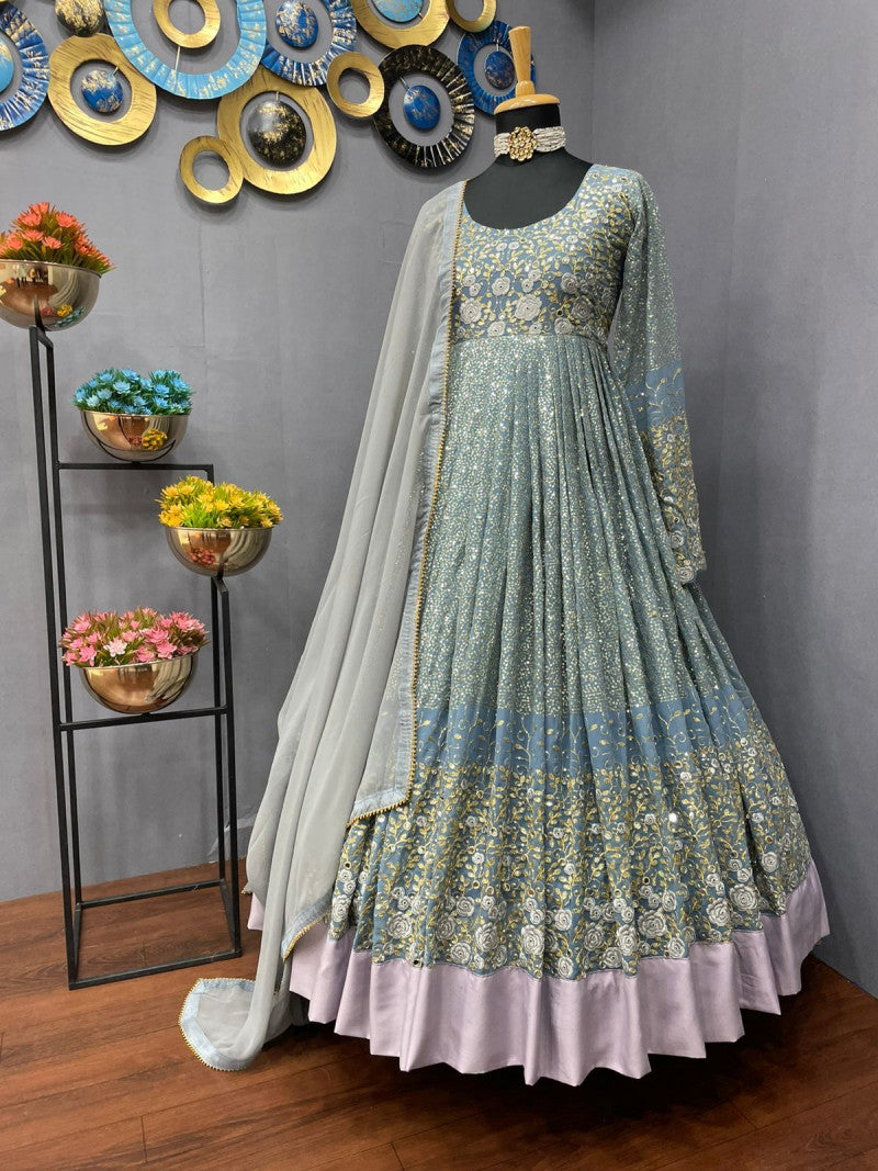 Grey Color Embroidery Sequence Real Mirror Work Gown