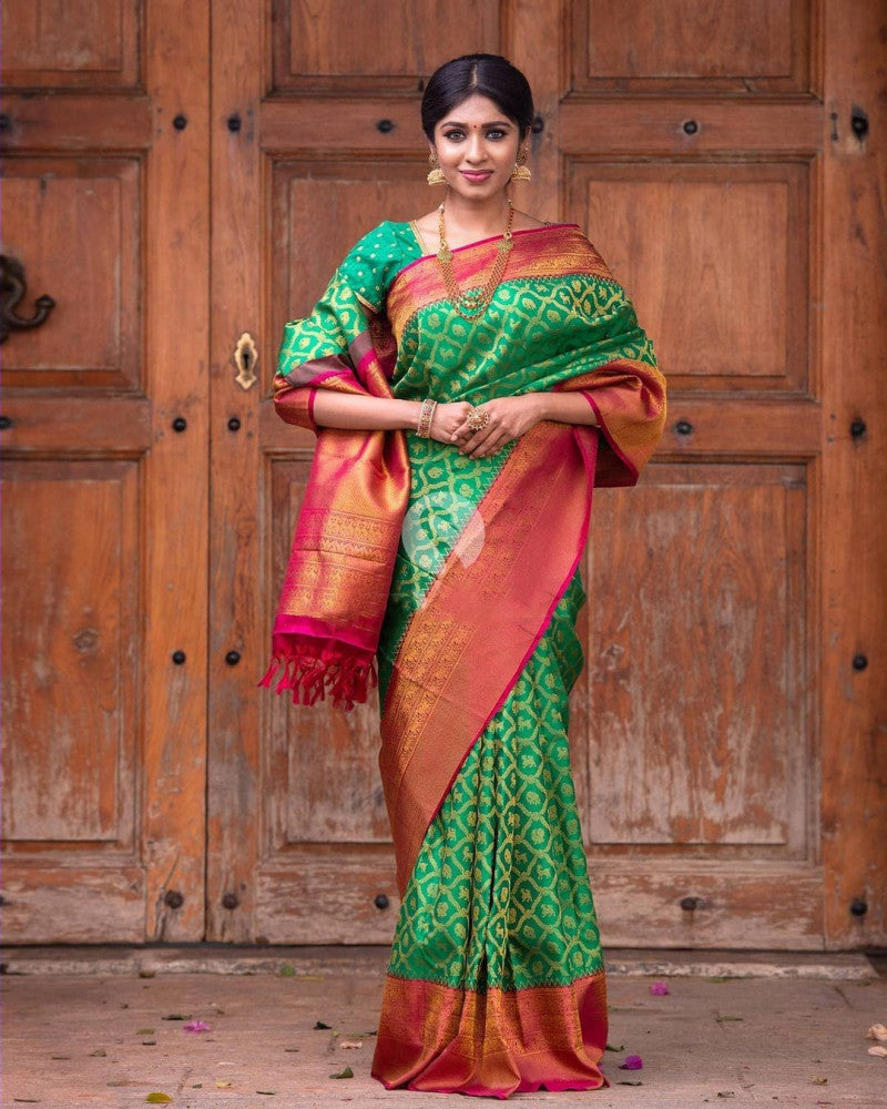 Captivating Jacquard Border Green Color Soft Lichi Silk Saree
