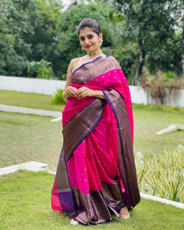 Exclusive Pink Color Golden Work Banarasi Silk Saree