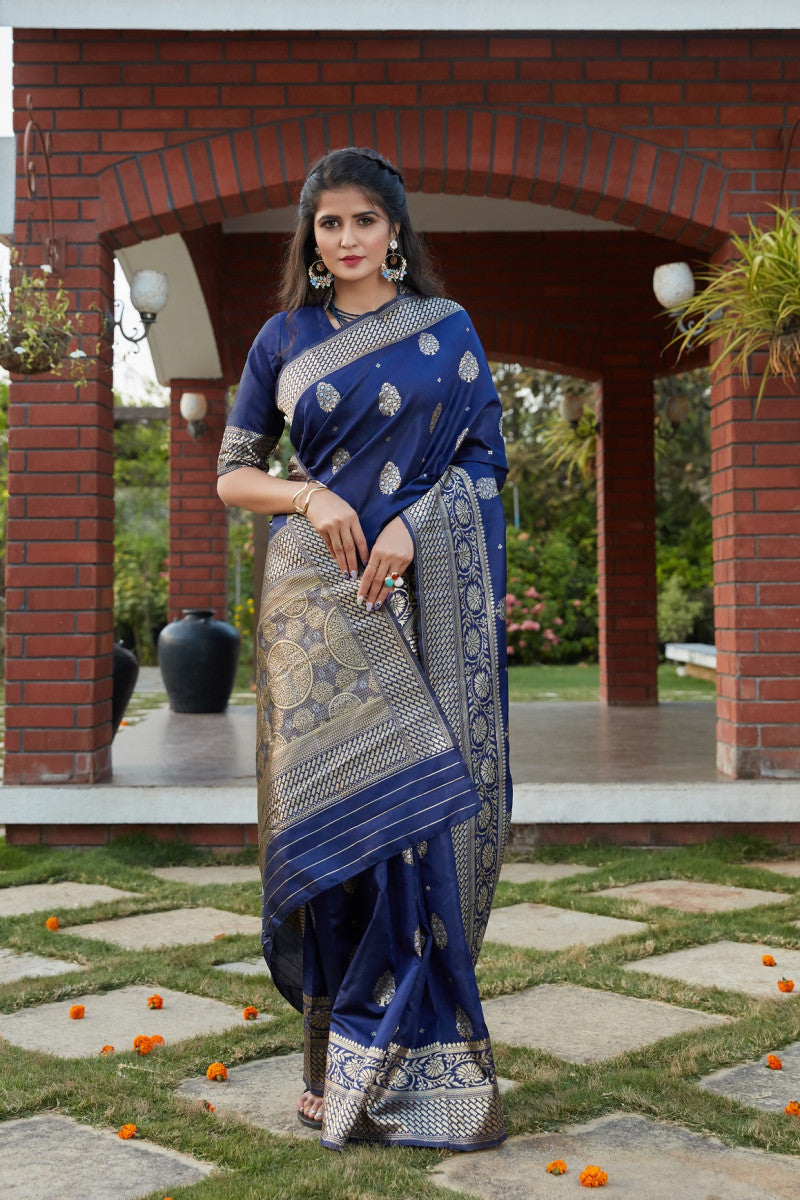 Lovely Navy Blue Color Banarasi Silk Saree