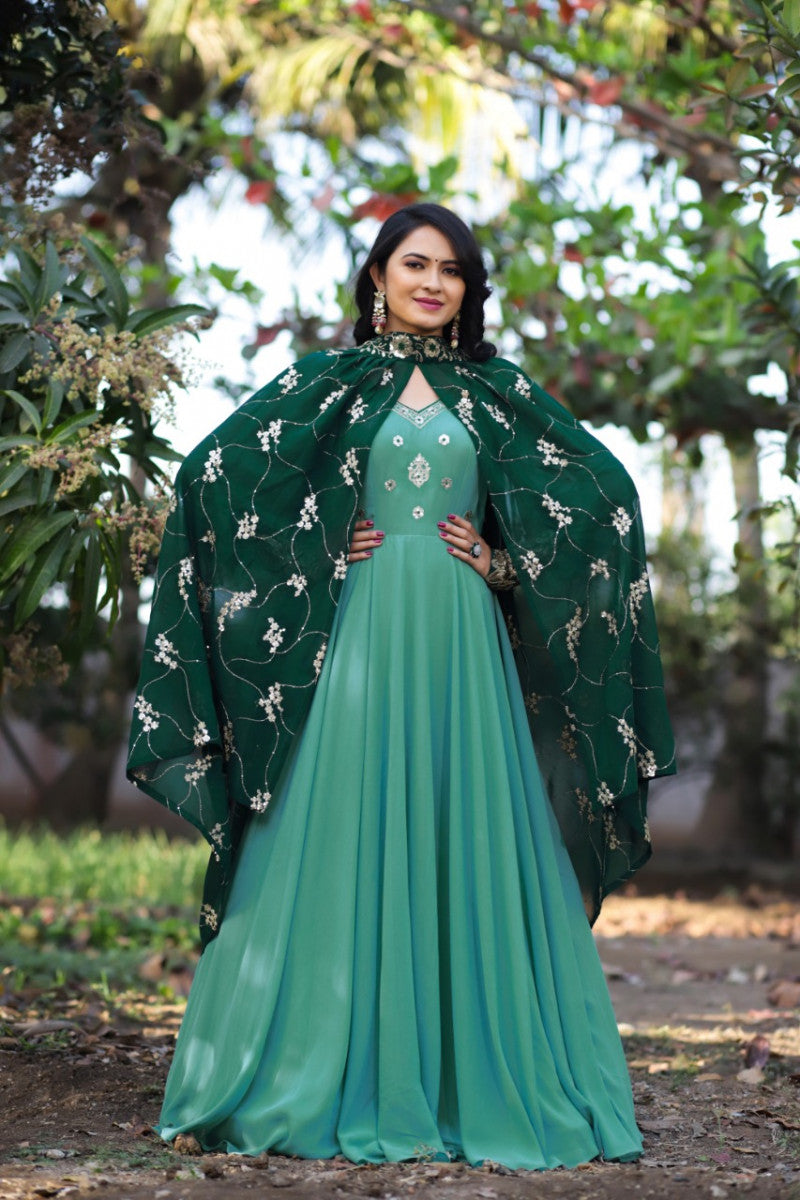 Party Wear Pista Color Embroidery Thread Work Gown With Shrug