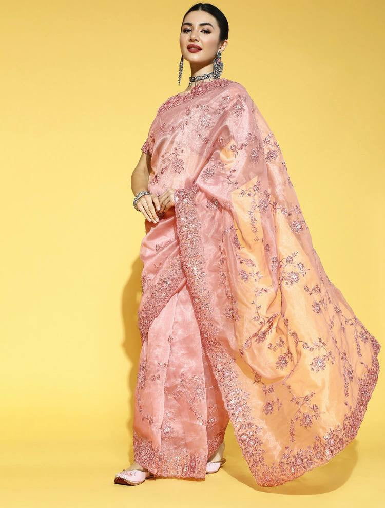 Innovative Light Pink Color Stylish Embroidery & Sequence Work Saree