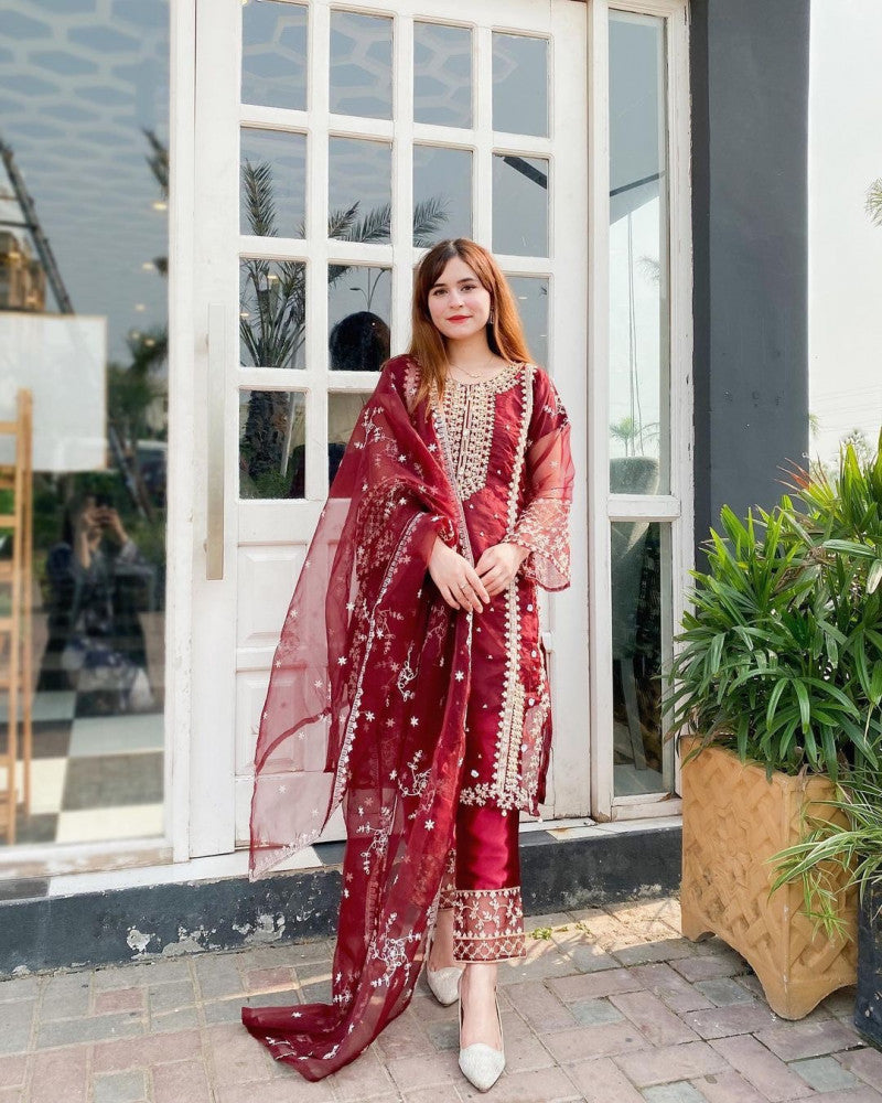 Maroon Color Flattering Organza Salwar Suit