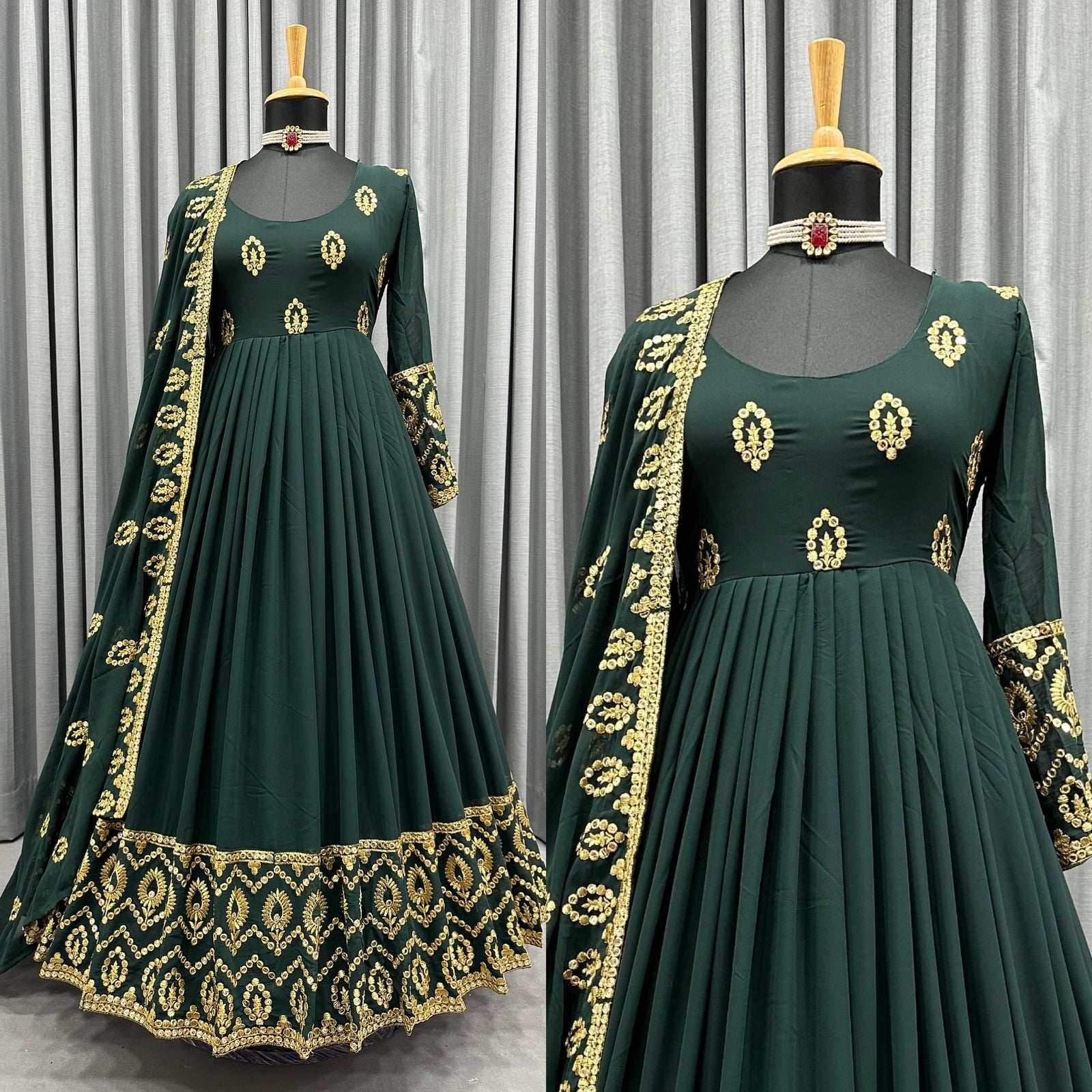 Fashionable Sequence Work Green Color Gown