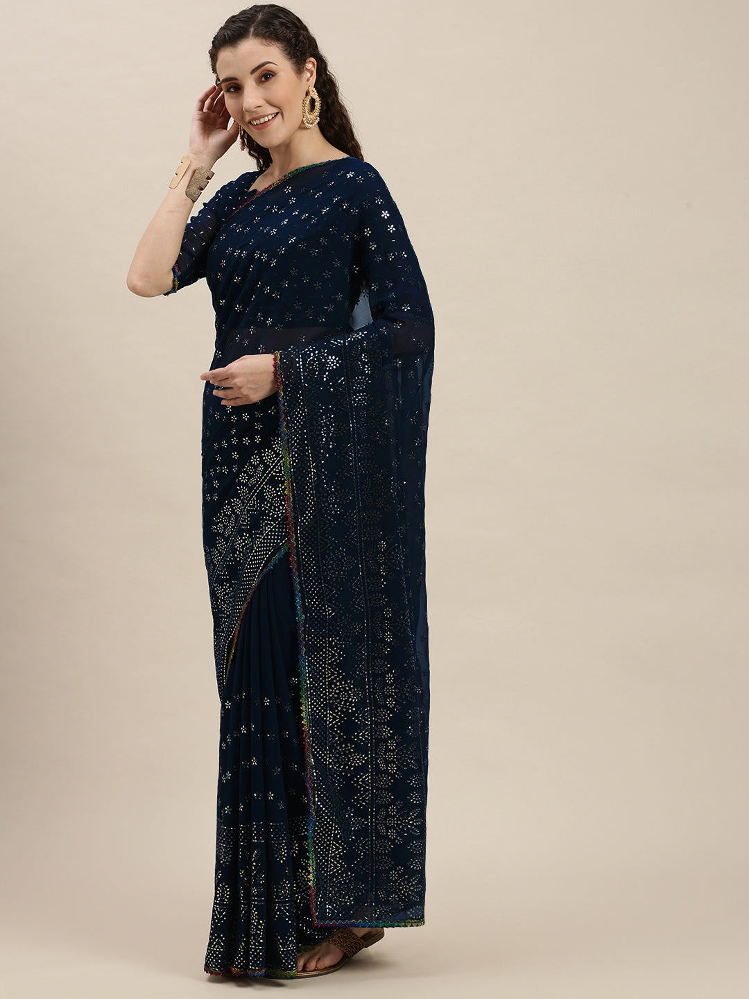 Awesome Blue Color Silver-Toned Beads Embroidered Saree