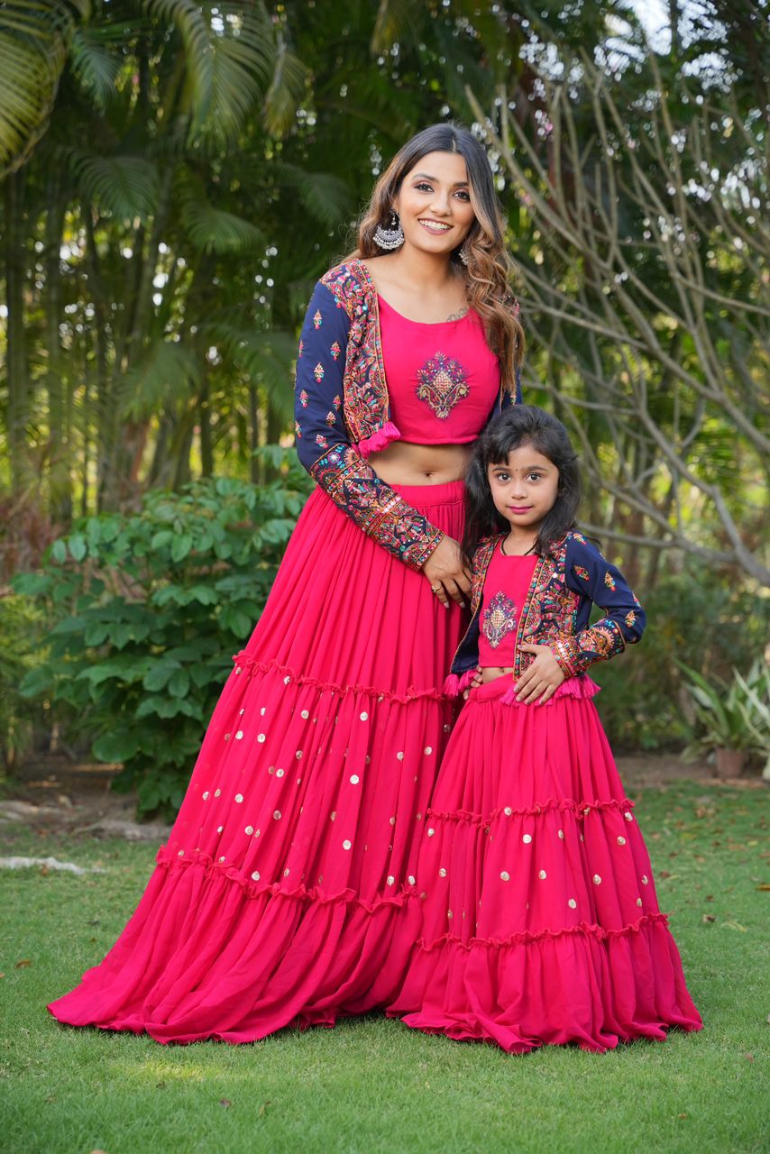 Mother-daughter Pink Color Lehenga Choli With Jacket