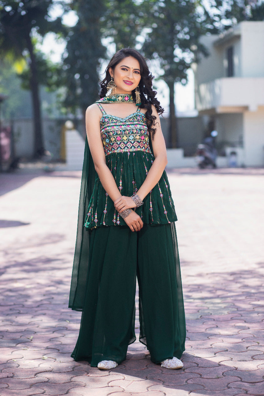 Trendy Dark Green Color Thread Sequence Sharara Suit