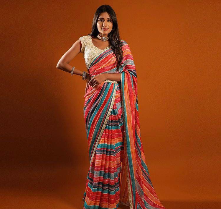 Multi Color Print With Sequence Crochet Work Saree