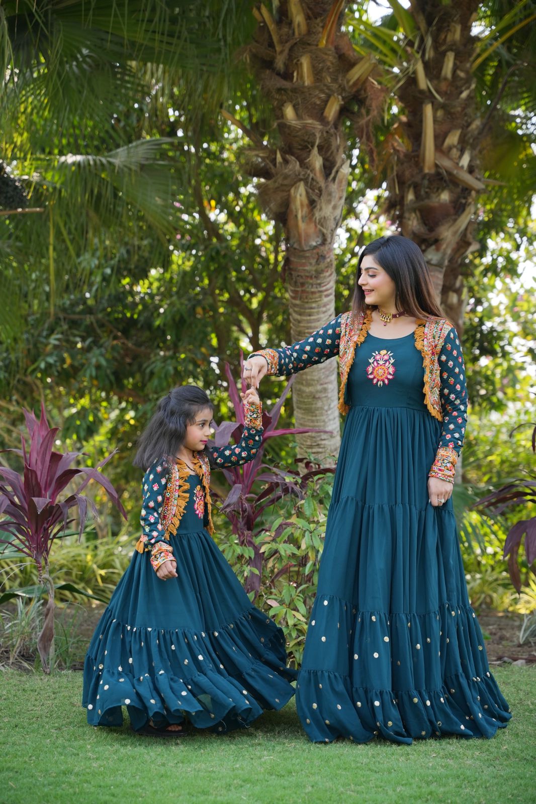 Amazing Teal Blue Color Mother Daughter Gown WIth Koti