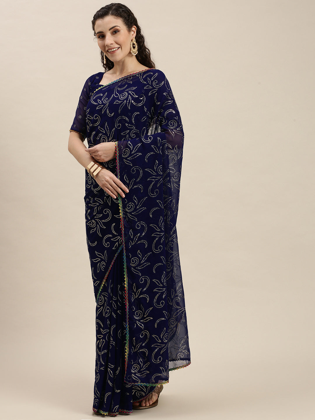 Blue Color Beads and Stones Embroidered Pretty Saree