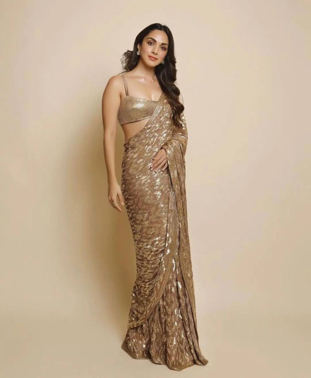 Beige Color Sequence Work Bollywood Style Saree
