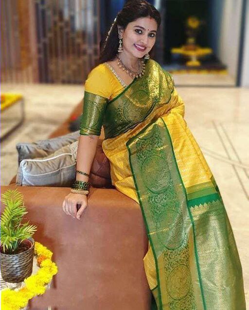 Awesome Yellow With Green Color Soft Lichi Silk Saree