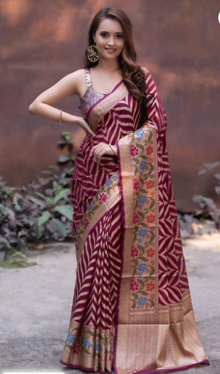 Elegant Wine Color Leheriya Banarasi Silk Saree