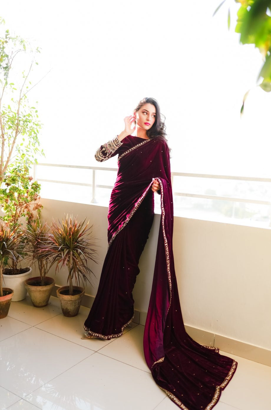 Marvelous Wine Color Embroidery Work Saree