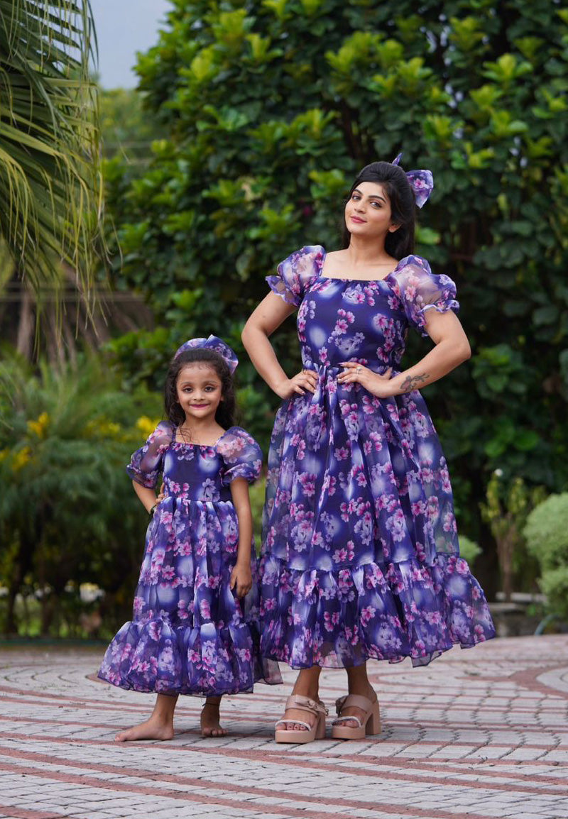 Mother-daughter Purple Color Floral Print Organza Dress
