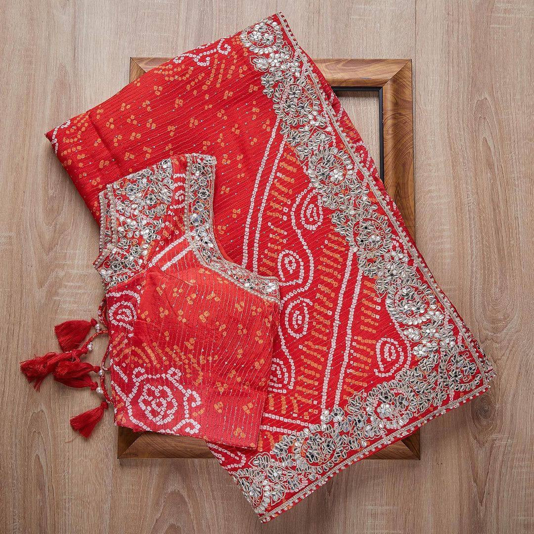 Trendy Sequin Embroidery Bandhani Print Saree