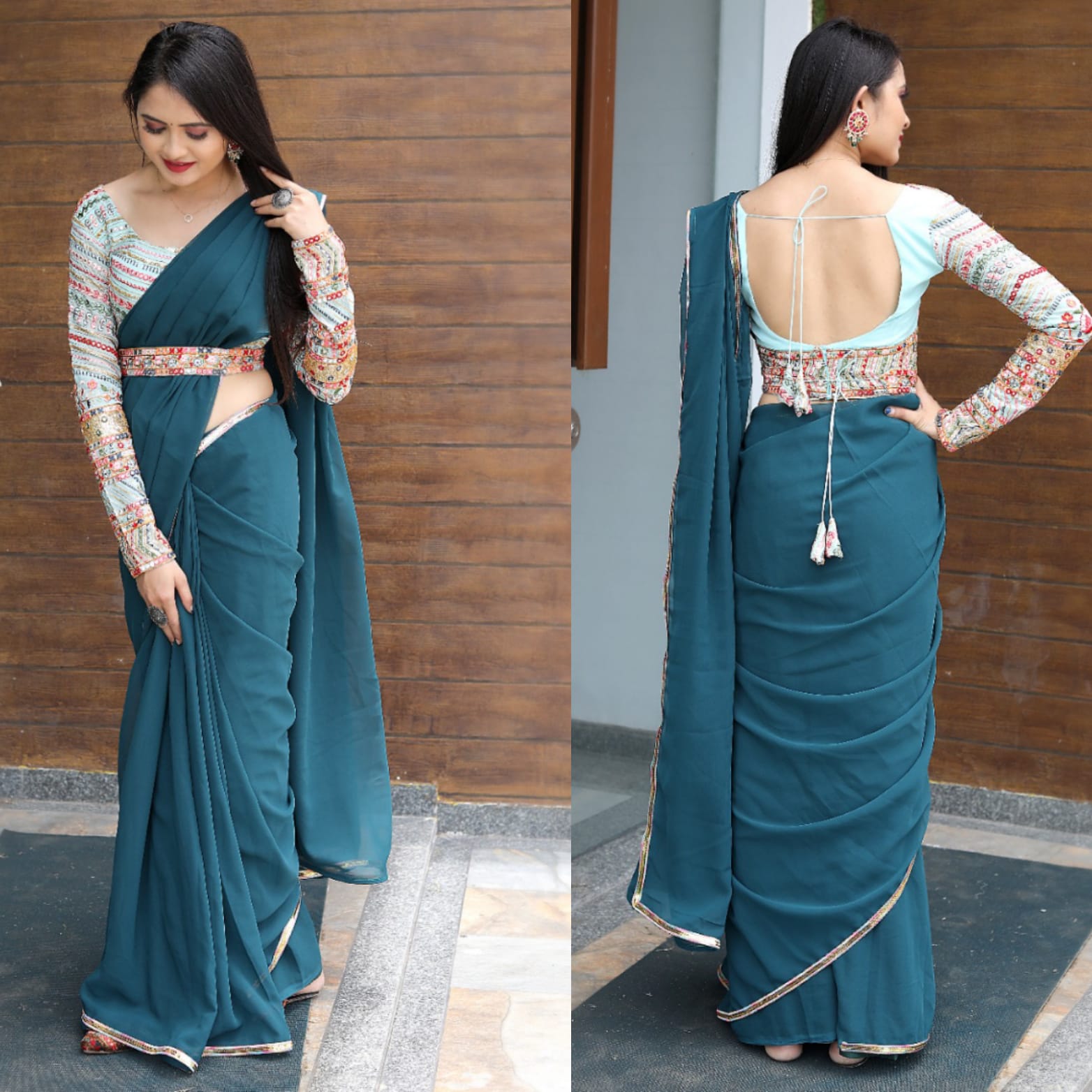 Exclusive Teal Blue Color Plain Saree With Work Blouse