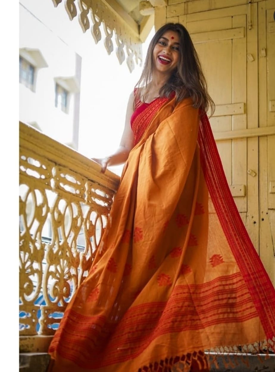 Adorable Yellow And Red Cotton Silk Saree