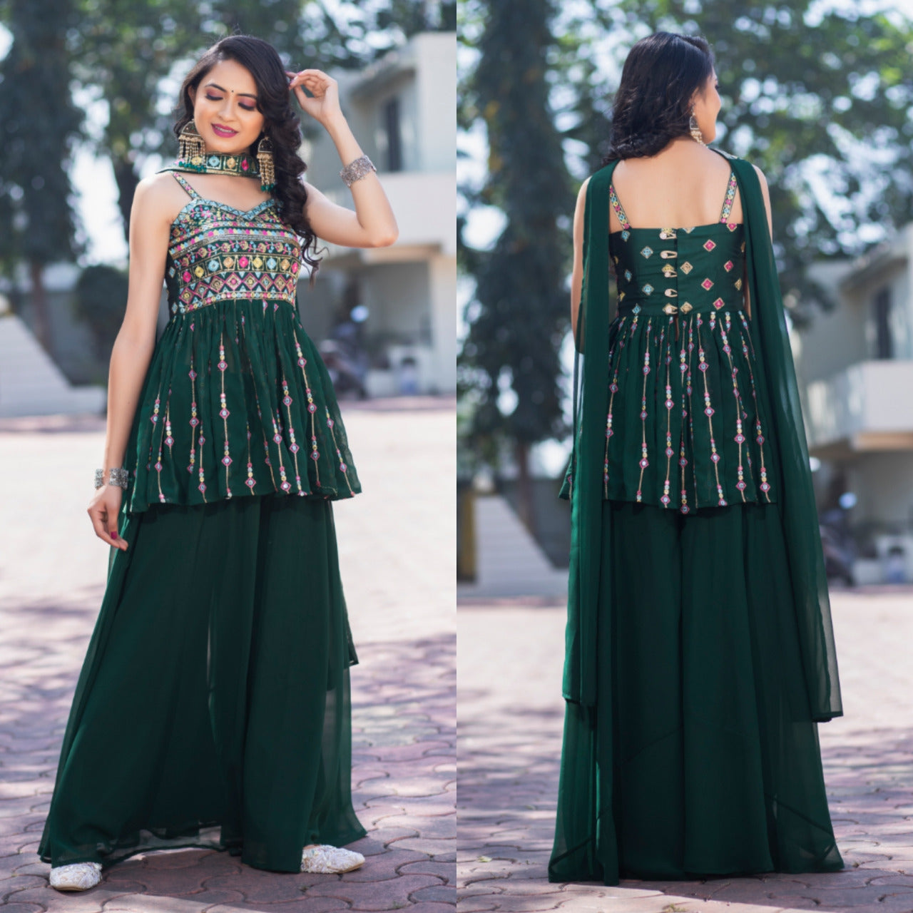 Trendy Dark Green Color Thread Sequence Sharara Suit