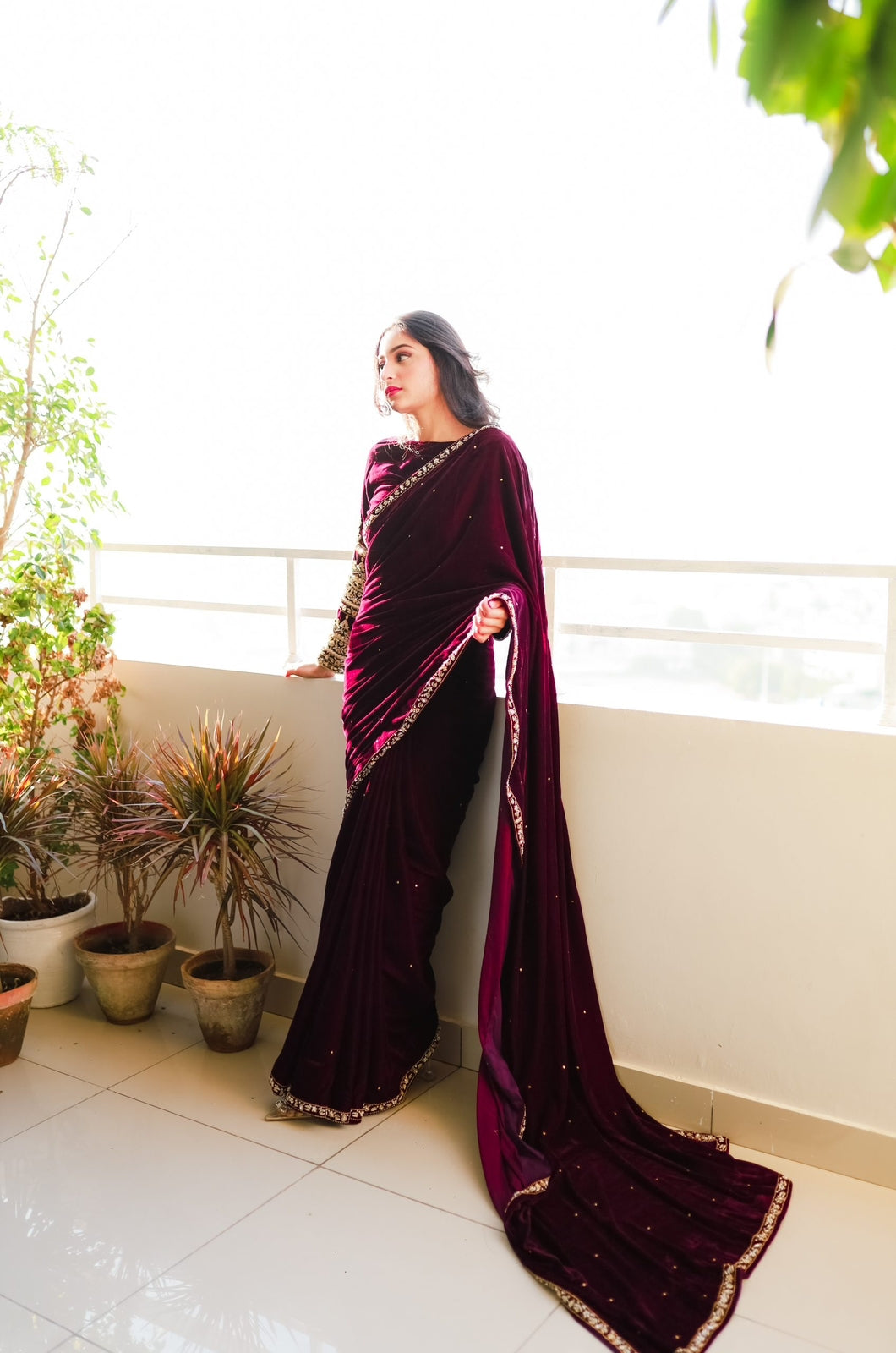 Marvelous Wine Color Embroidery Work Saree