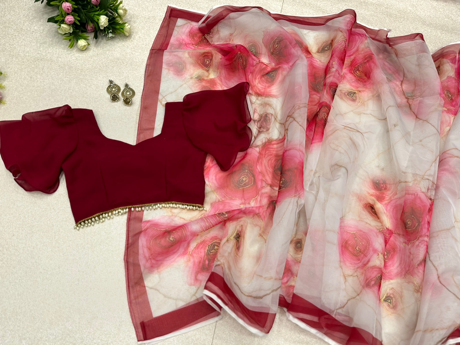 Lovely Maroon And White Floral Printed Organza Saree