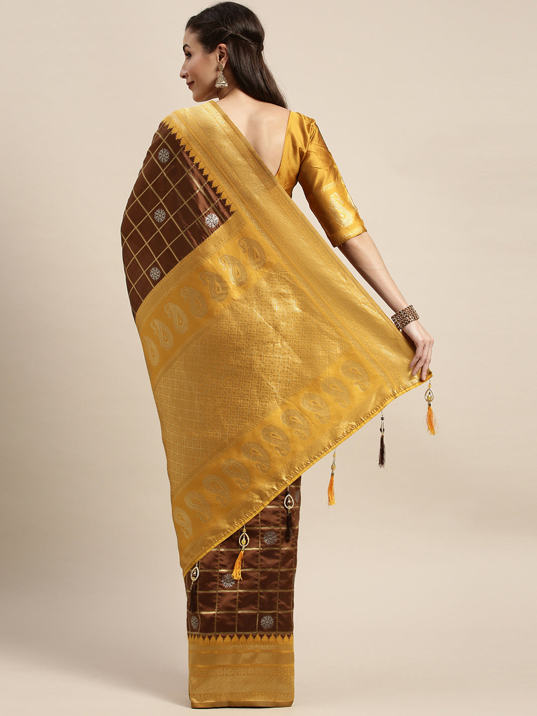 Ceremony Wear Brown And Yellow Banarasi Silk Saree
