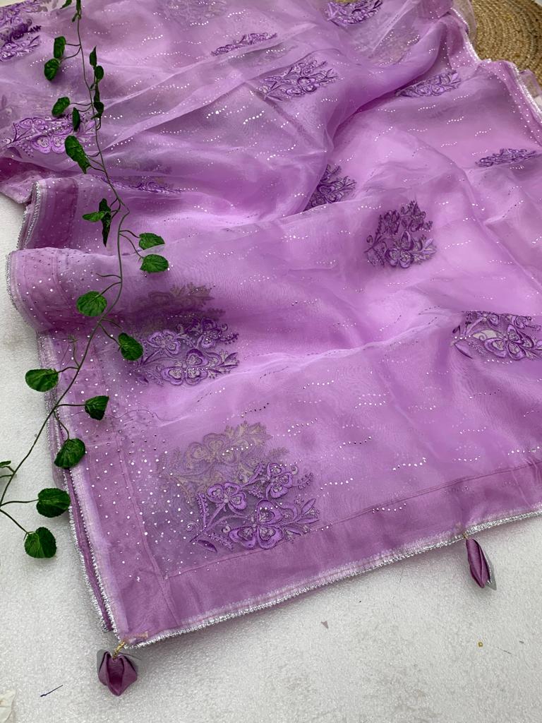 Party Wear Lavender Color Organza Silk Saree
