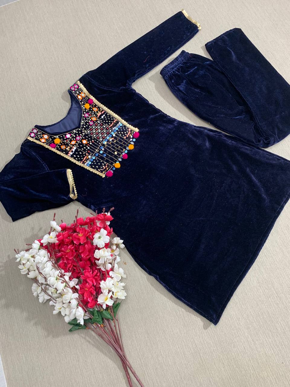 Awesome Navy Blue Color Velvet Top And Pant